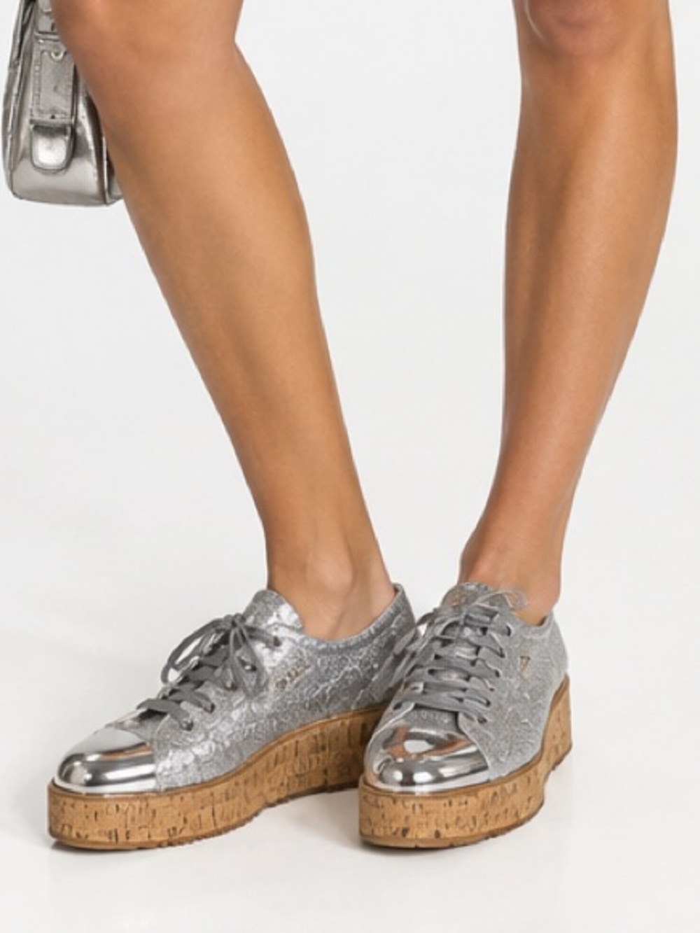 PRADA silver glitter cap toe lace up platform loafers EUC